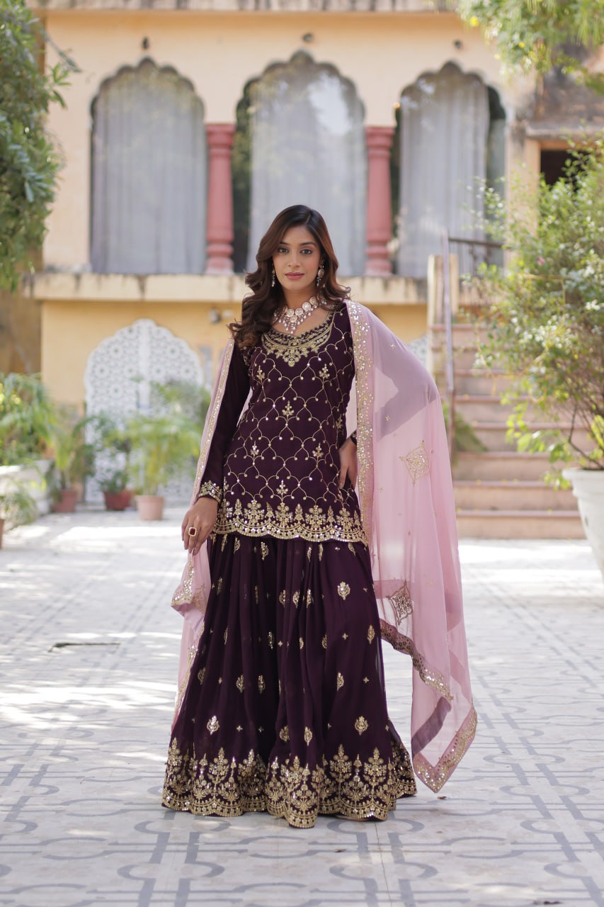 Faux Blooming Embroidered Work Wine Colour Kurti And Plazzo Suit