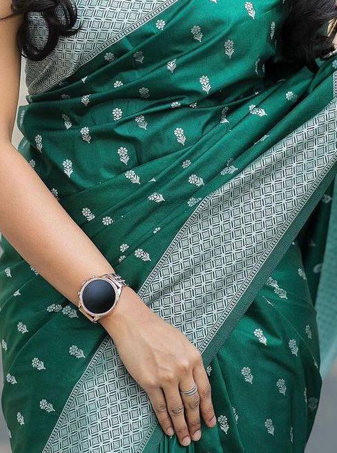 Green Color Floral Woven Saree with Contrast Border