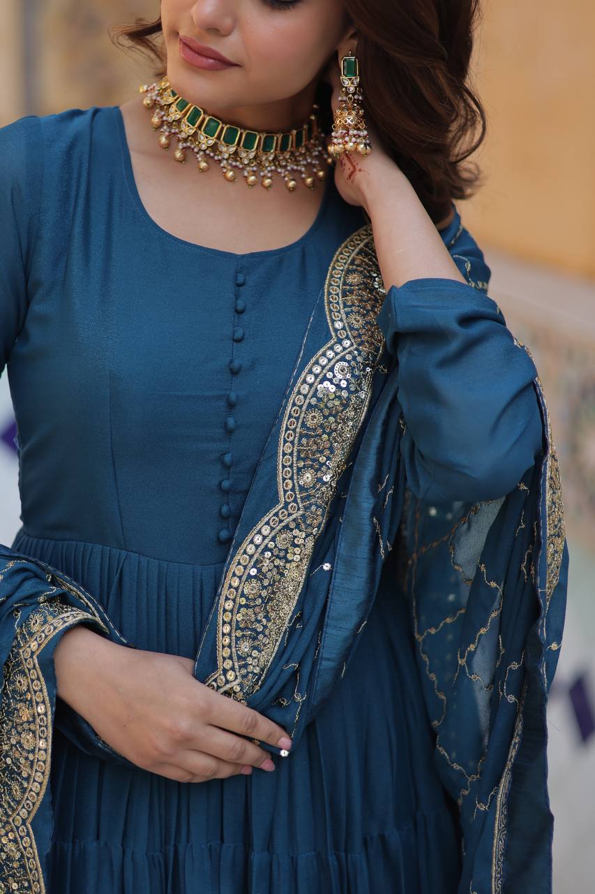 Rama Georgette Embroidered Flared Anarkali Gown Set