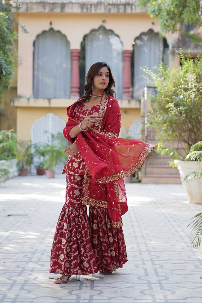 Premium Maroon Jacquard Silk Sharara-Gharara Suit