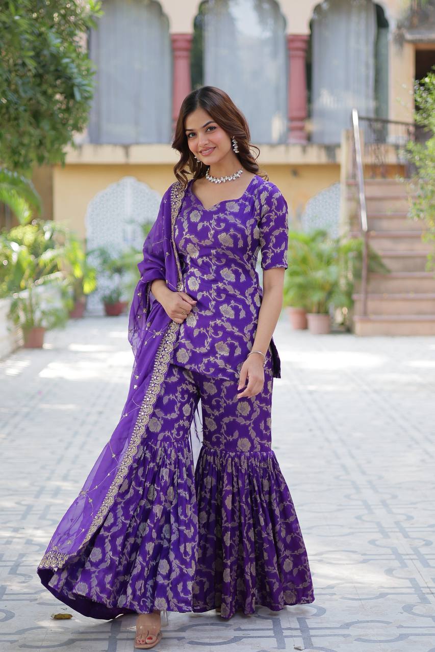 Premium Purple Jacquard Silk Sharara-Gharara Suit