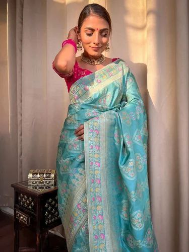 Sky Blue Floral Woven Banarasi Saree with Contrast Border