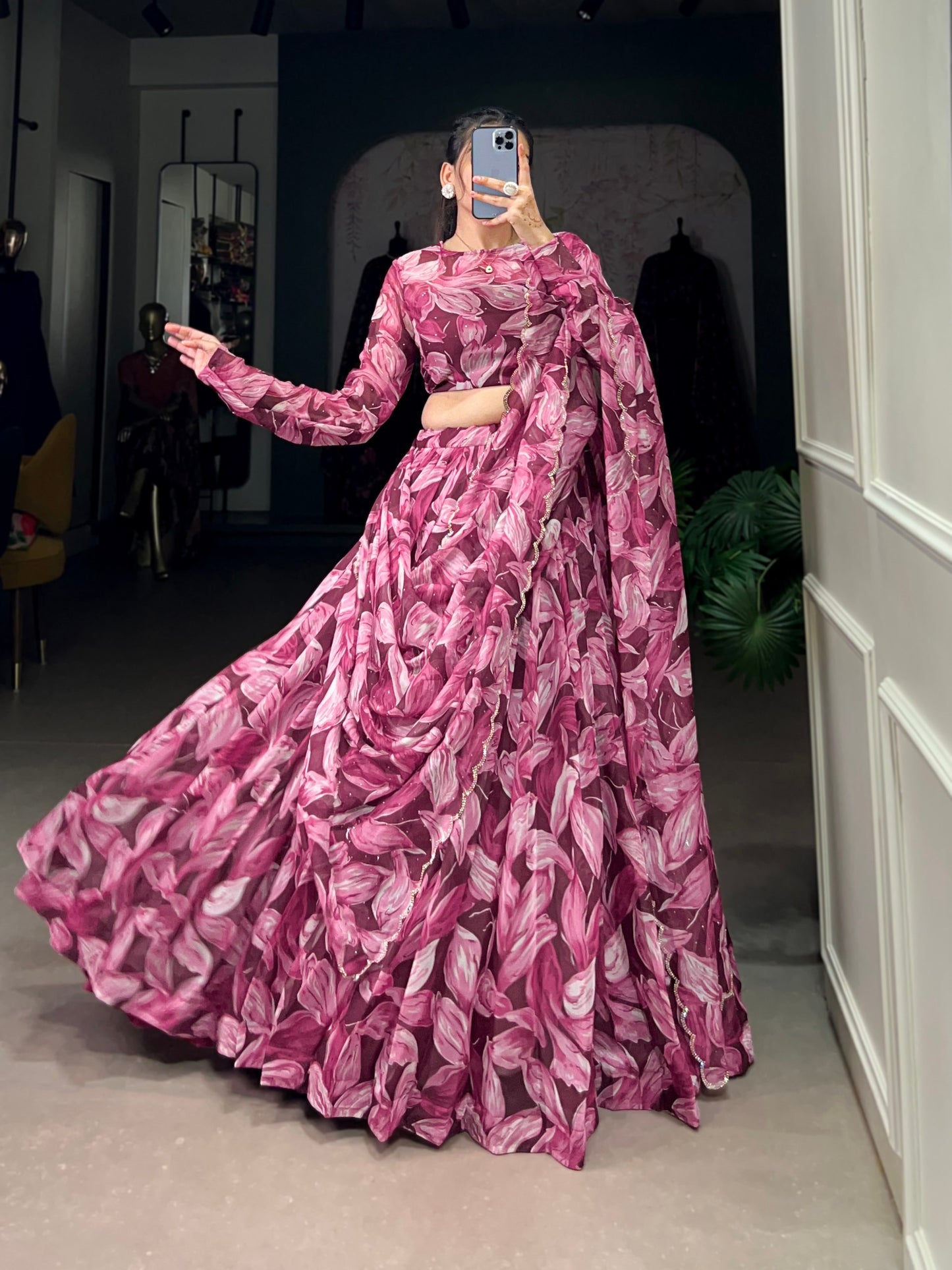 Maroon Color Lehenga Choli in Tabby Silk With Print With Hotfix Diamond Work