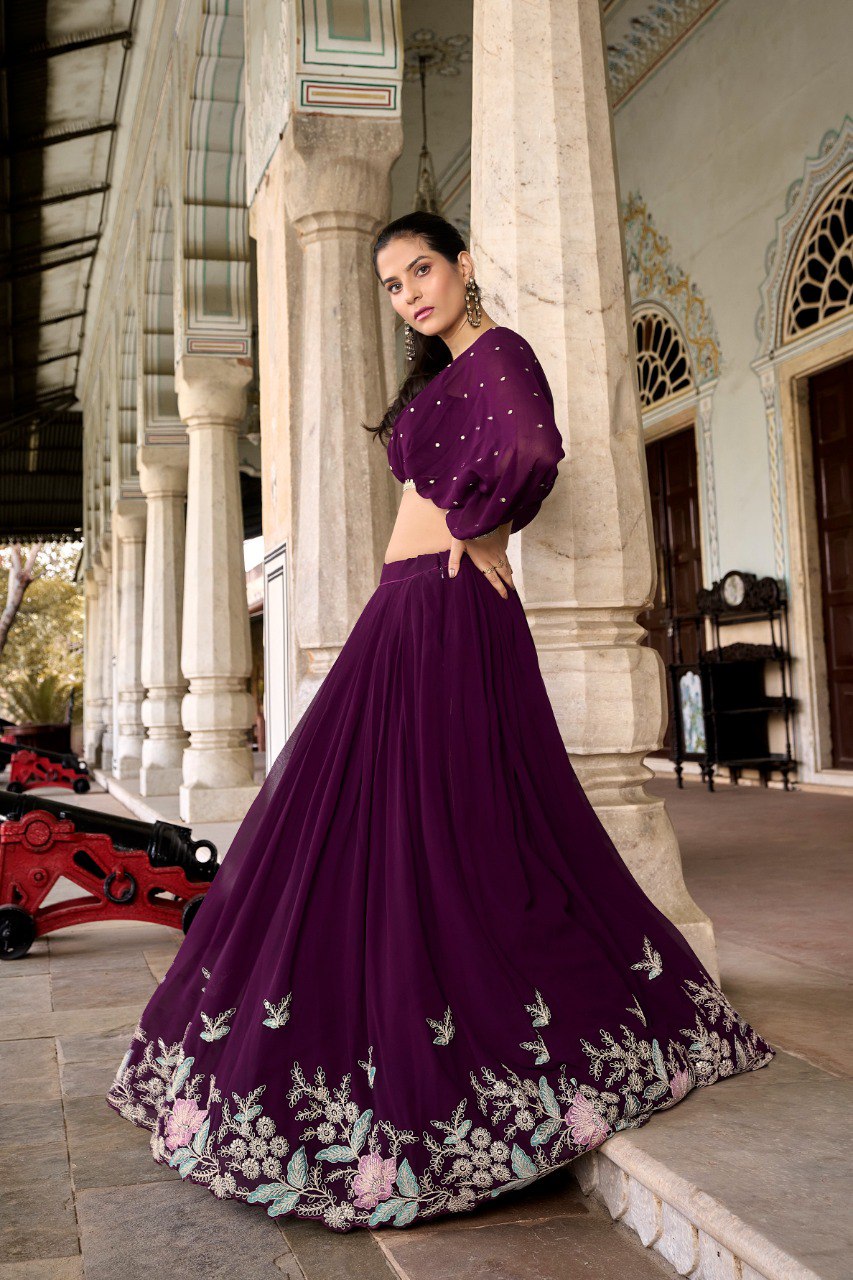 Beautiful Purple Embroidered Georgette Haldi Wear Crop Top Lehenga
