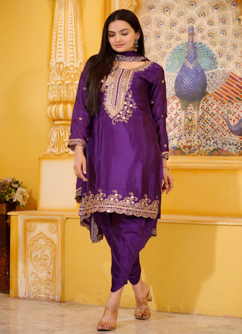 Violet Purple Organza Satin Embroidered Dhoti Suit