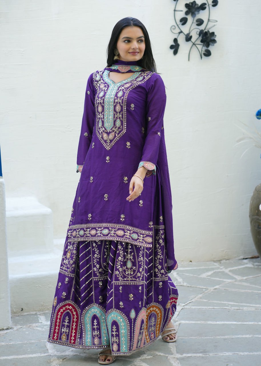 Purple Designer Embroidered Chinon Suit With Sequence Work