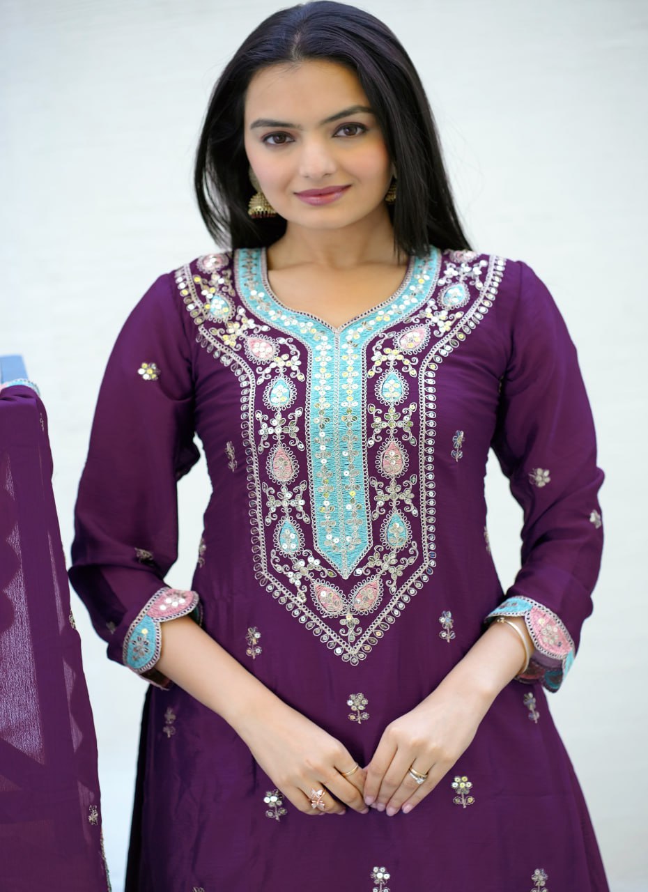Wine Designer Embroidered Chinon Suit With Sequence Work