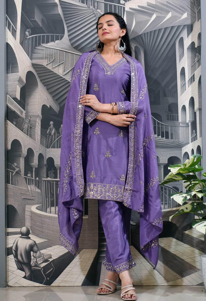 Lavender Embroidered Straight Kurta Suit Set