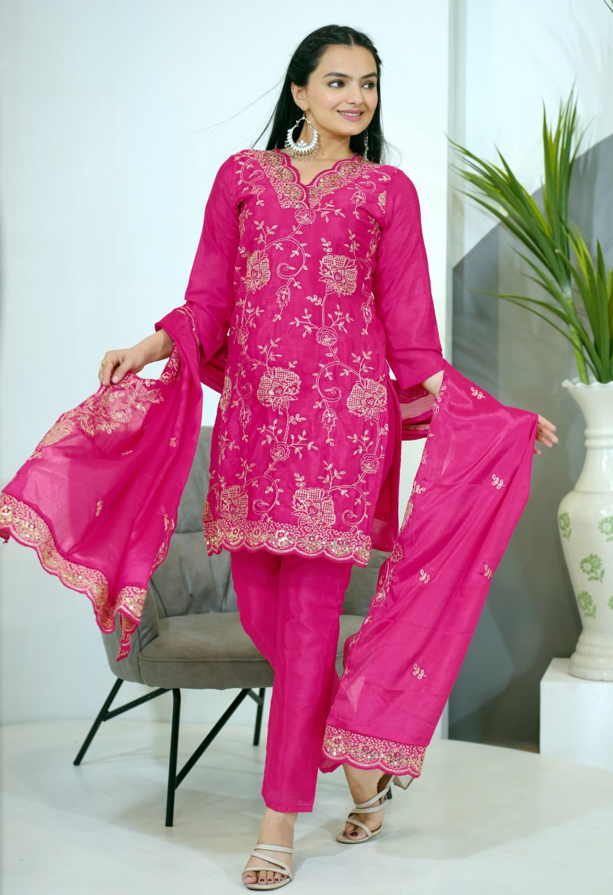 Pink Embroidered Straight Kurta Set