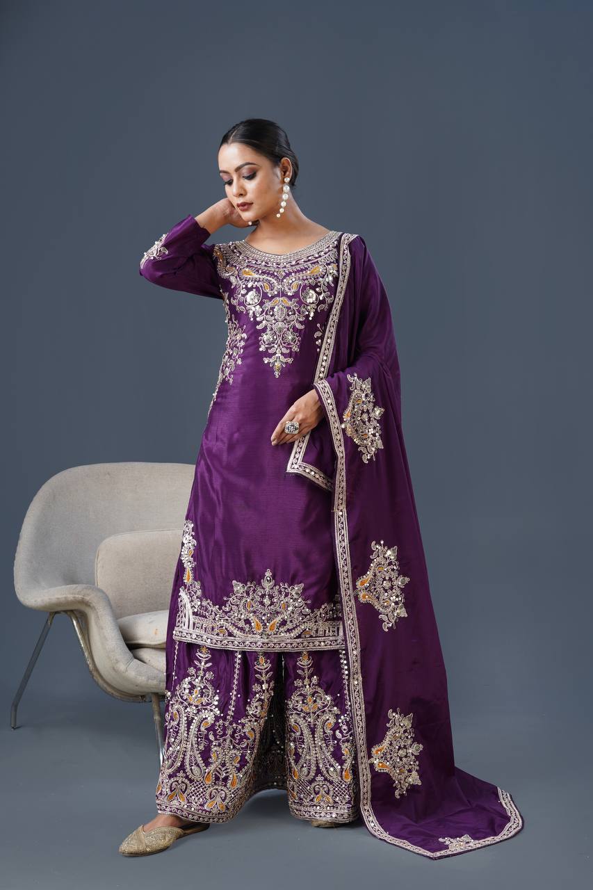 Purple Color Top Palazzo Suit With Dupatta in Chinon With Sequence Embroidery