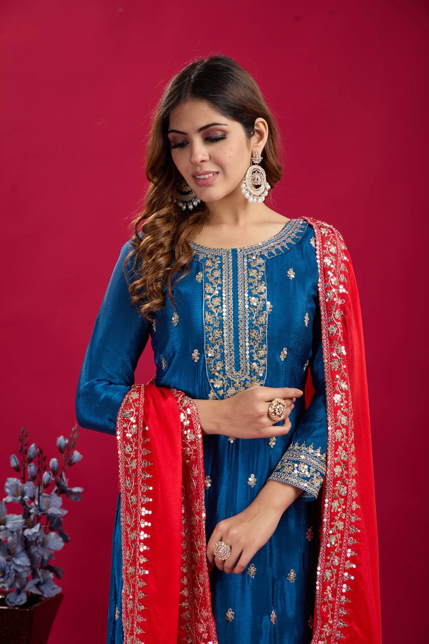 Blue-Red Chinnon Silk Embroidered Top-Bottom And Dupatta Set Fully Stitched Ready To Wear