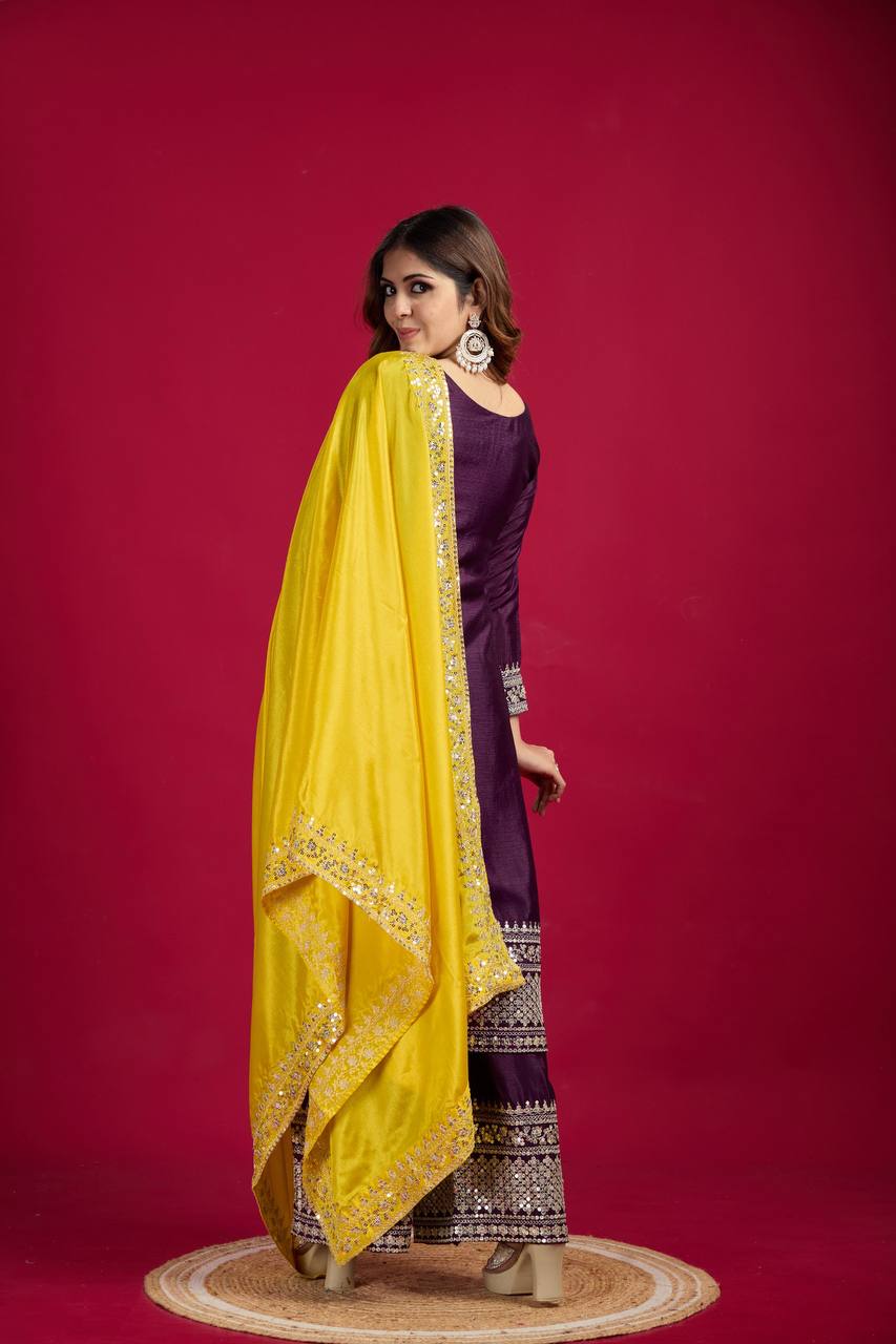 Wine-Yellow Chinnon Silk Embroidered Top-Bottom And Dupatta Set Fully Stitched Ready To Wear