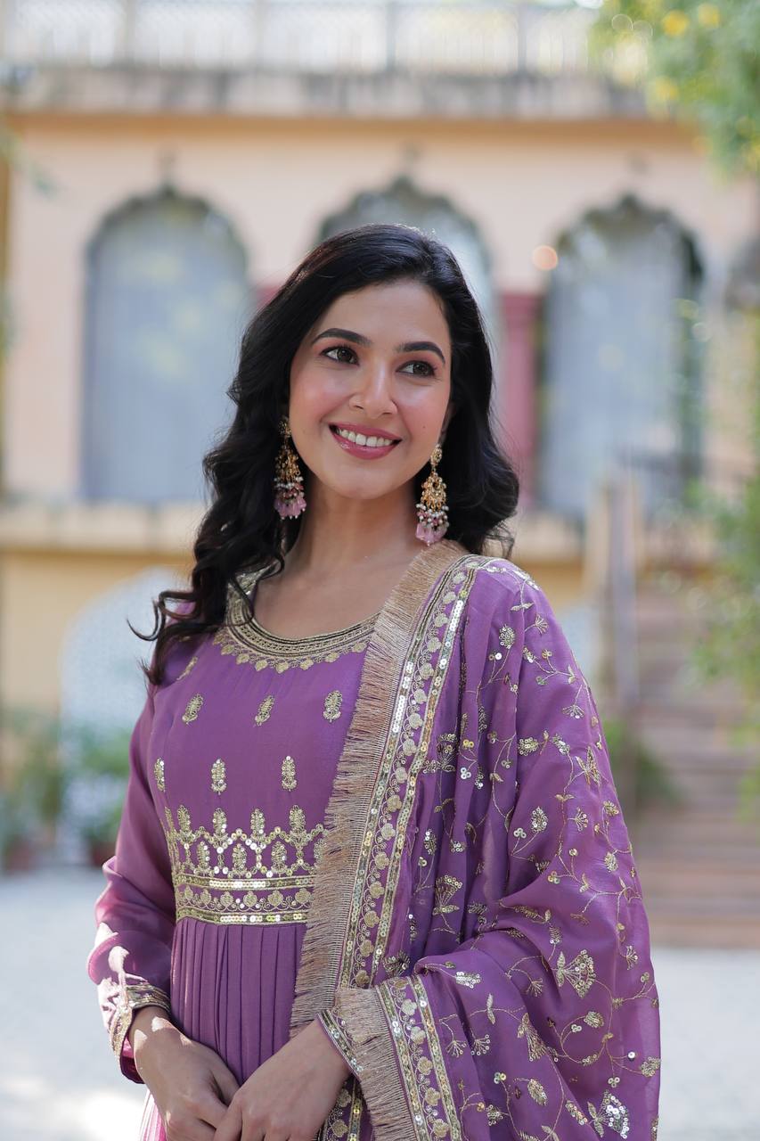 Purple Readymade Anarkali Suit In Ruffle Style