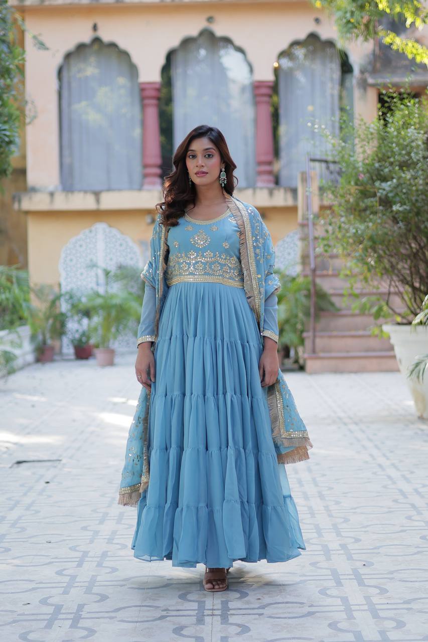 Sky Blue Georgette Readymade Suit With Dupatta