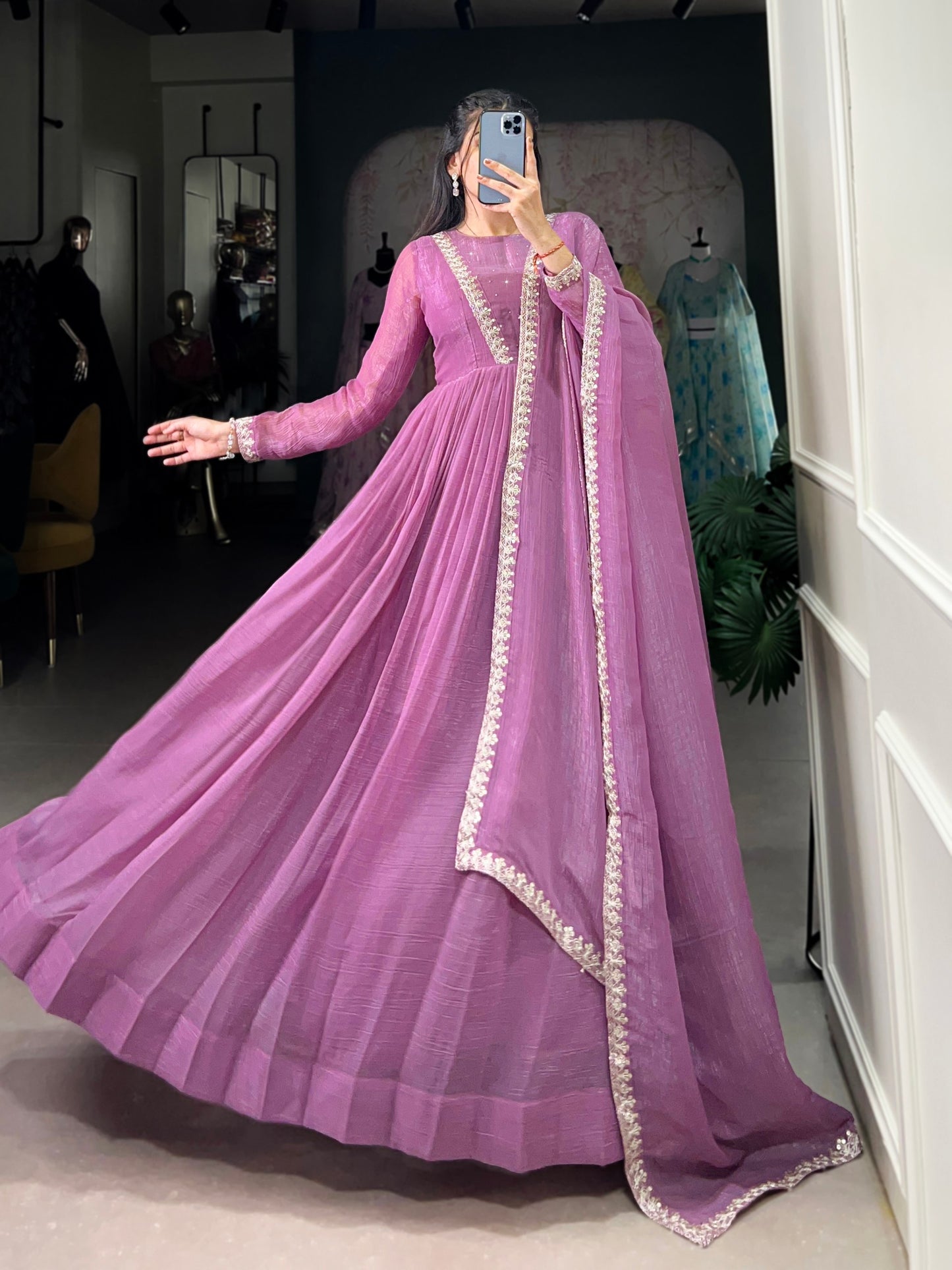 Lavender Radiant Silver Glory Shimmer Gown with Sequins & Embroidery Work Dupatta