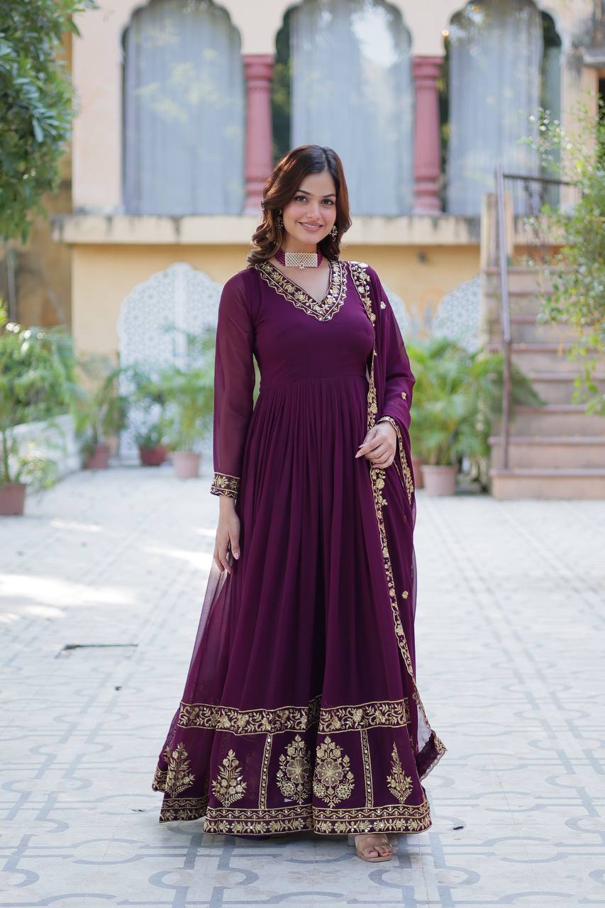 Dark Purple Elegant Faux Blooming Embroidered Gown with Dupatta