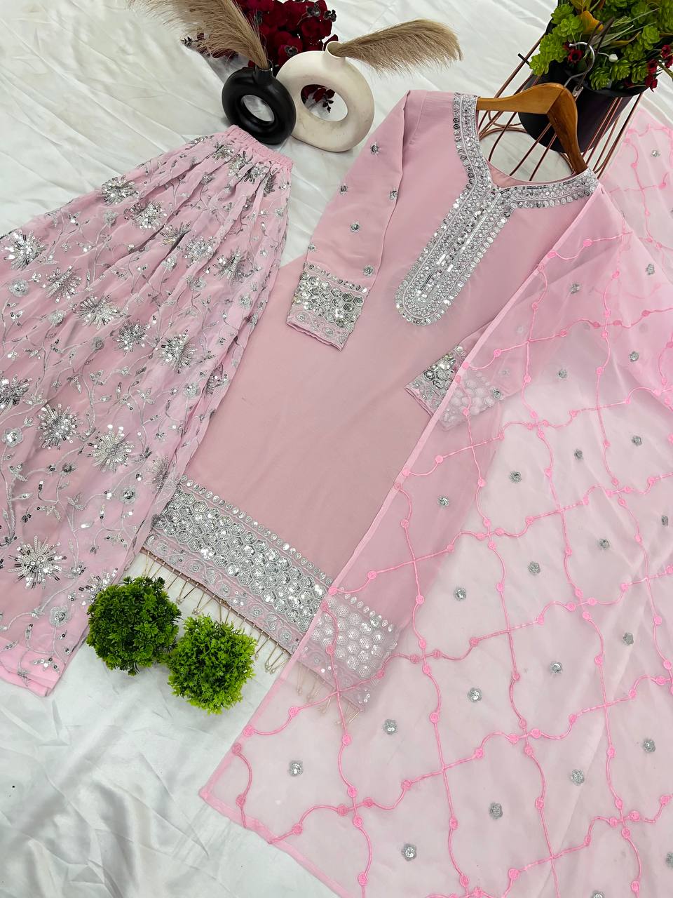 Progressive Light Pink Color Faux Georgette With Embroidery Sharara Suit