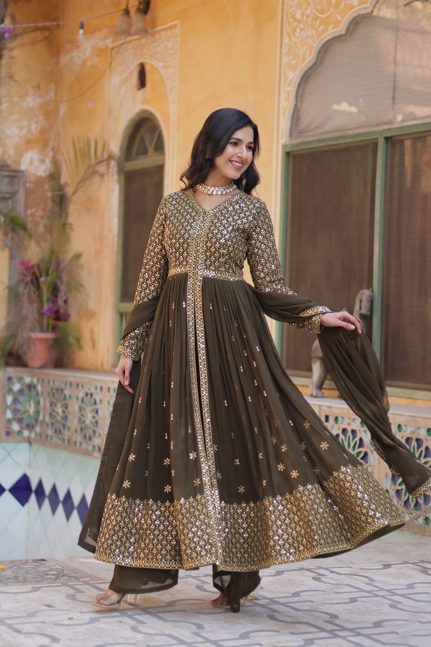 Designer Mehndi Color Three Piece Suit Set