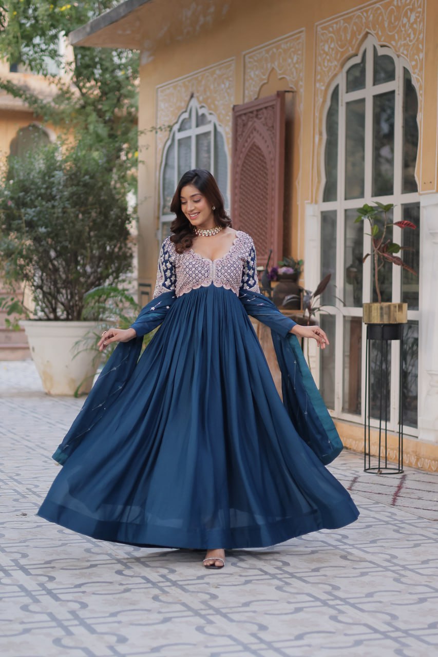 Attractive Blue Sequins Georgette Anarkali Gown With Dupatta
