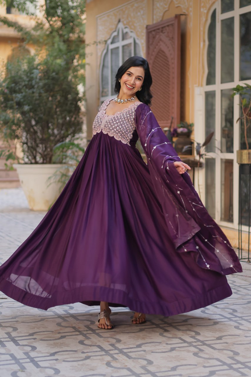 Adorable Wine Sequins Georgette Festival Wear Anarkali Gown