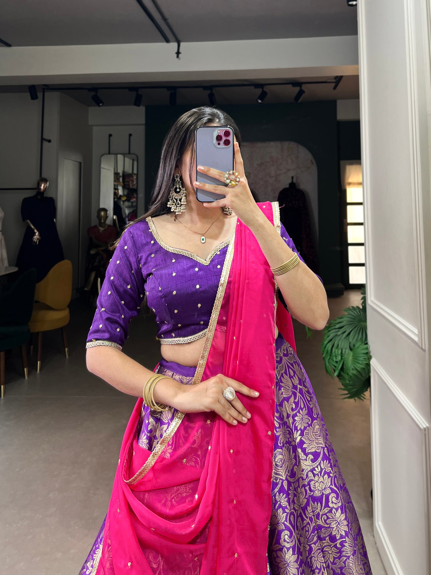 Jacquard Silk Zari Weaving Work South Indian Style Lehenga Set In Purple