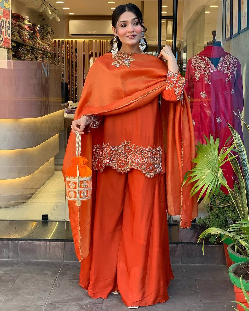 Elegant Orange Heavy Faux Georgette Embroidered Palazzo Suit – Fully Stitched