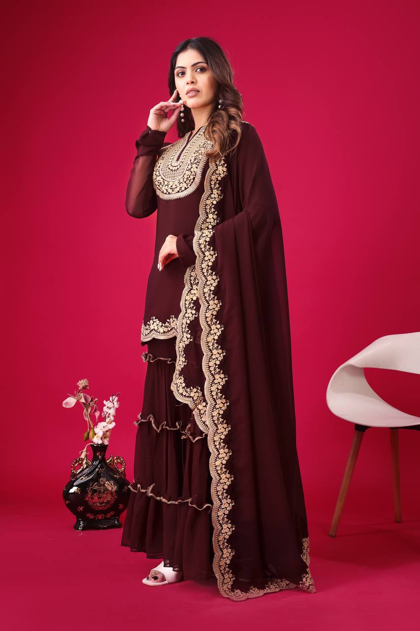 Rich Maroon Blooming Faux Georgette Embroidered Suit with Sequence & Thread Work – Fully Stitched