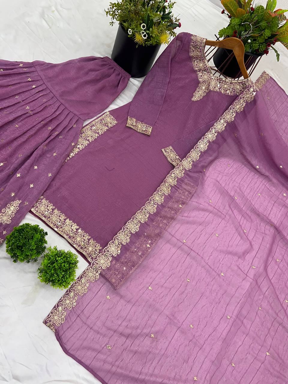 Elegant Lavender Heavy Crunchy Silk Sharara Suit with Embroidery Sequence Work | Fully Stitched Designer Ethnic Wear for Women