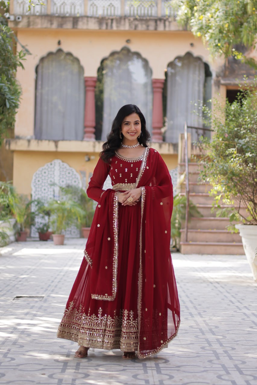 Red Faux Blooming Gown with Zari Sequins Embroidery & Dupatta | Fully Stitched Elegant Ethnic Wear for Weddings & Festive Occasions