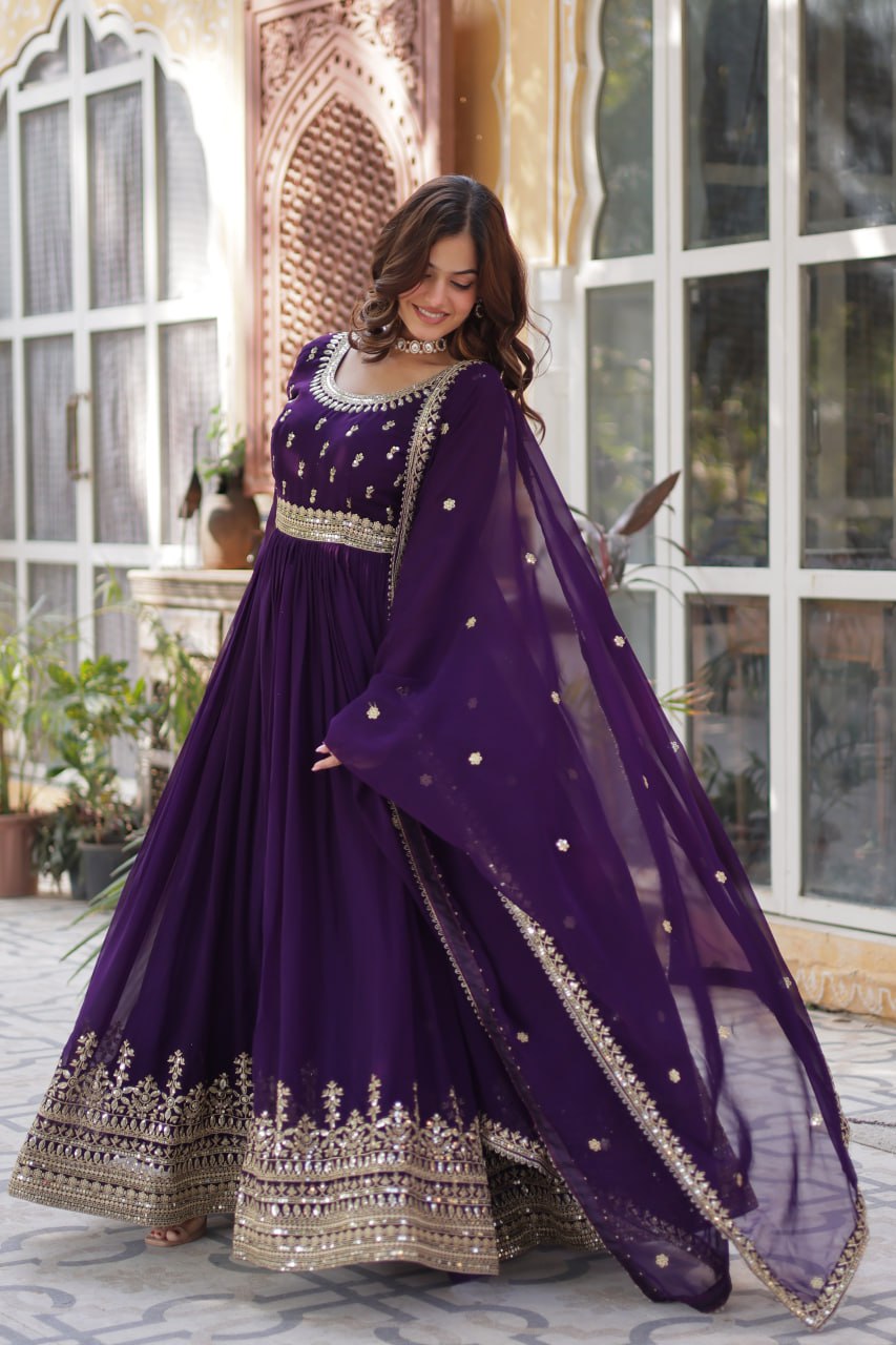 Purple Faux Blooming Gown with Zari Sequins Embroidery & Dupatta | Fully Stitched Elegant Ethnic Wear for Weddings & Festive Occasions