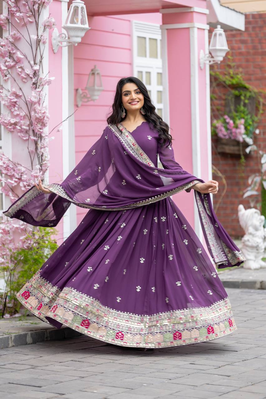 Light Purple Faux Georgette Embroidered Gown with Heavy Sequence Work and Dupatta | Fully Stitched Designer Ethnic Wear