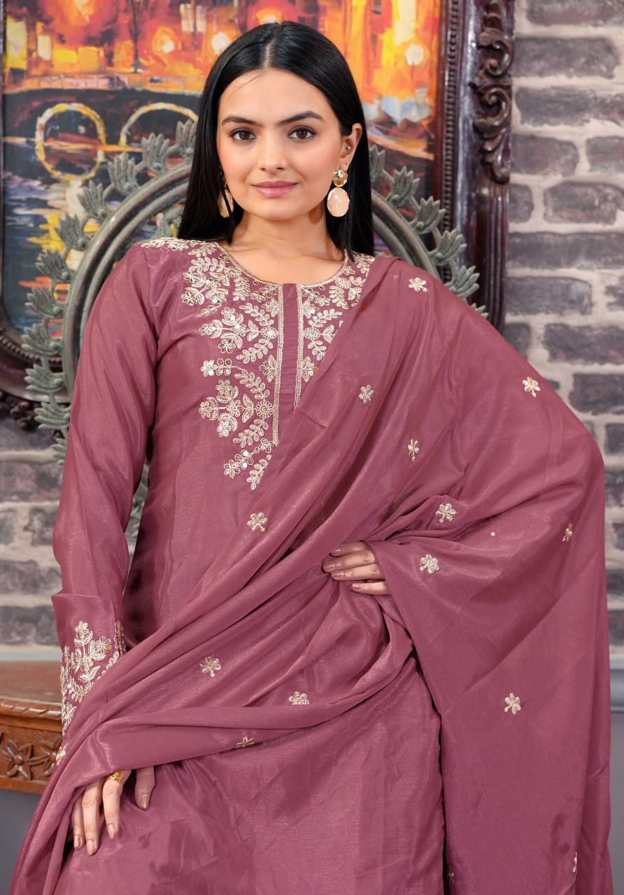 Mauve Chinon Sharara Suit with Embroidery Sequence Work | Fully Stitched Elegant Ethnic Wear
