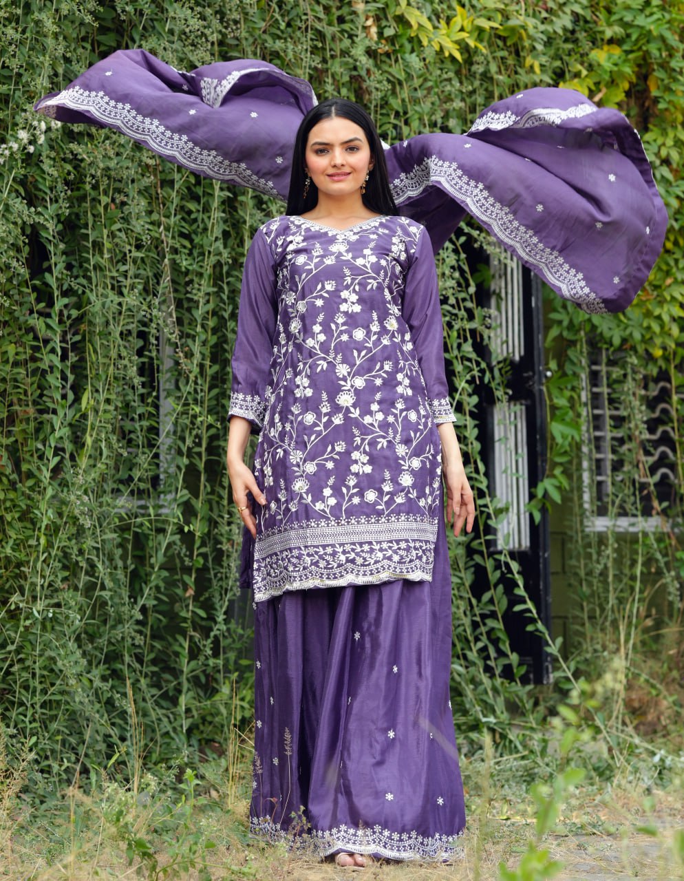 Purple Chinon Sharara Suit with Embroidery Sequence Work | Elegant Festive Wear