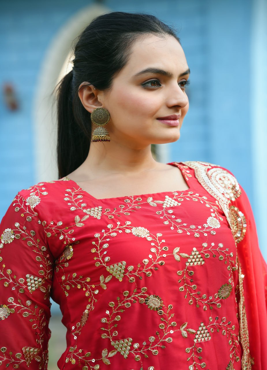 Red Rangoli Lehenga Suit with Embroidery Sequence Work | Elegant Festive Wear