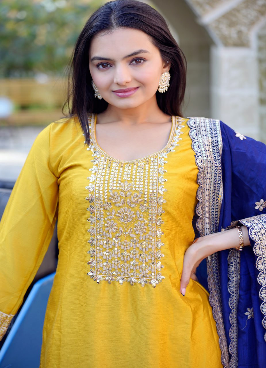 Mustard Yellow Chinon Suit with Heavy Embroidery & Navy Blue Dupatta | Elegant Festive Wear