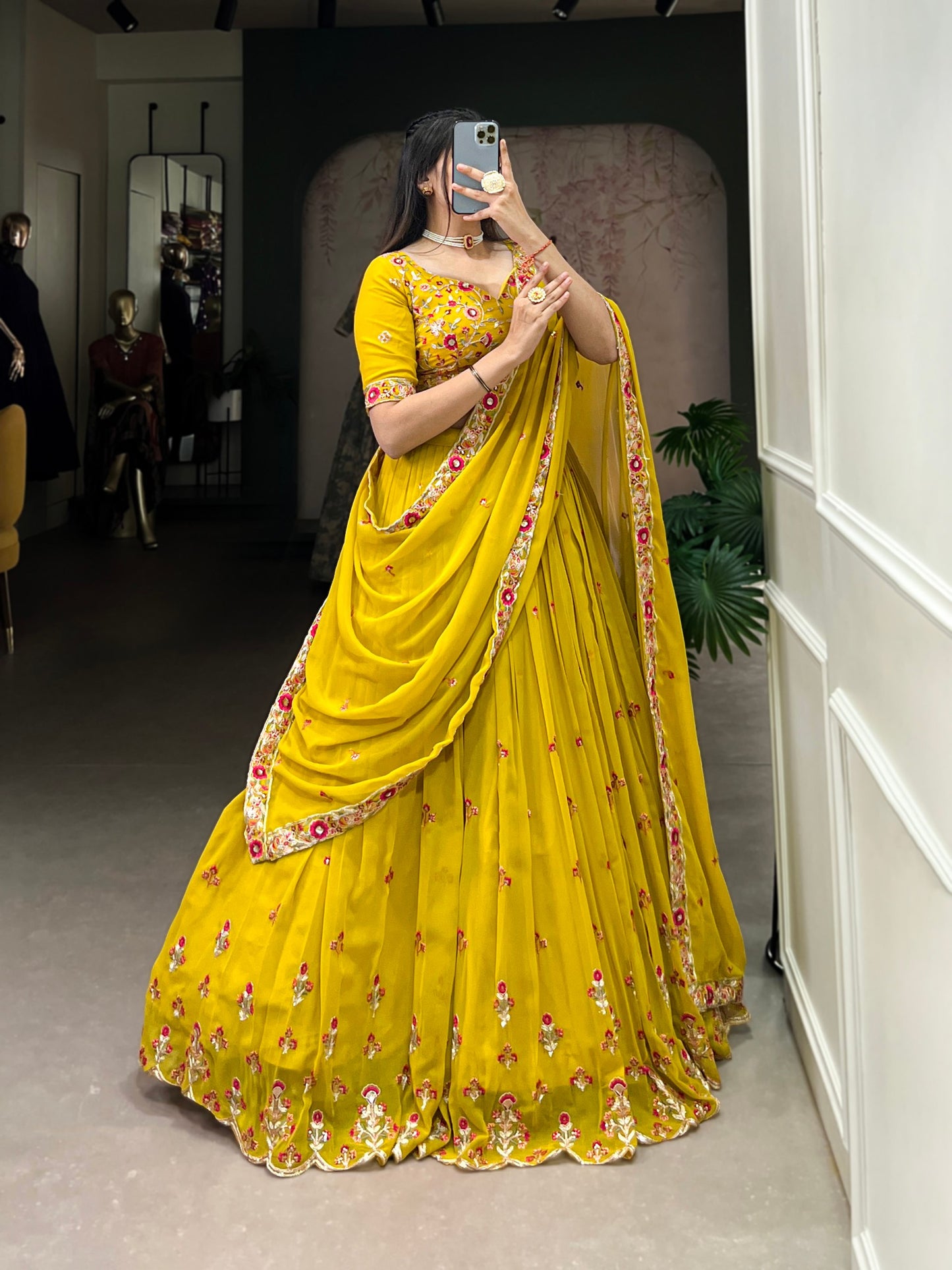 Mustard Yellow Embroidered Georgette Lehenga Set | Elegant Bridal & Festive Wear