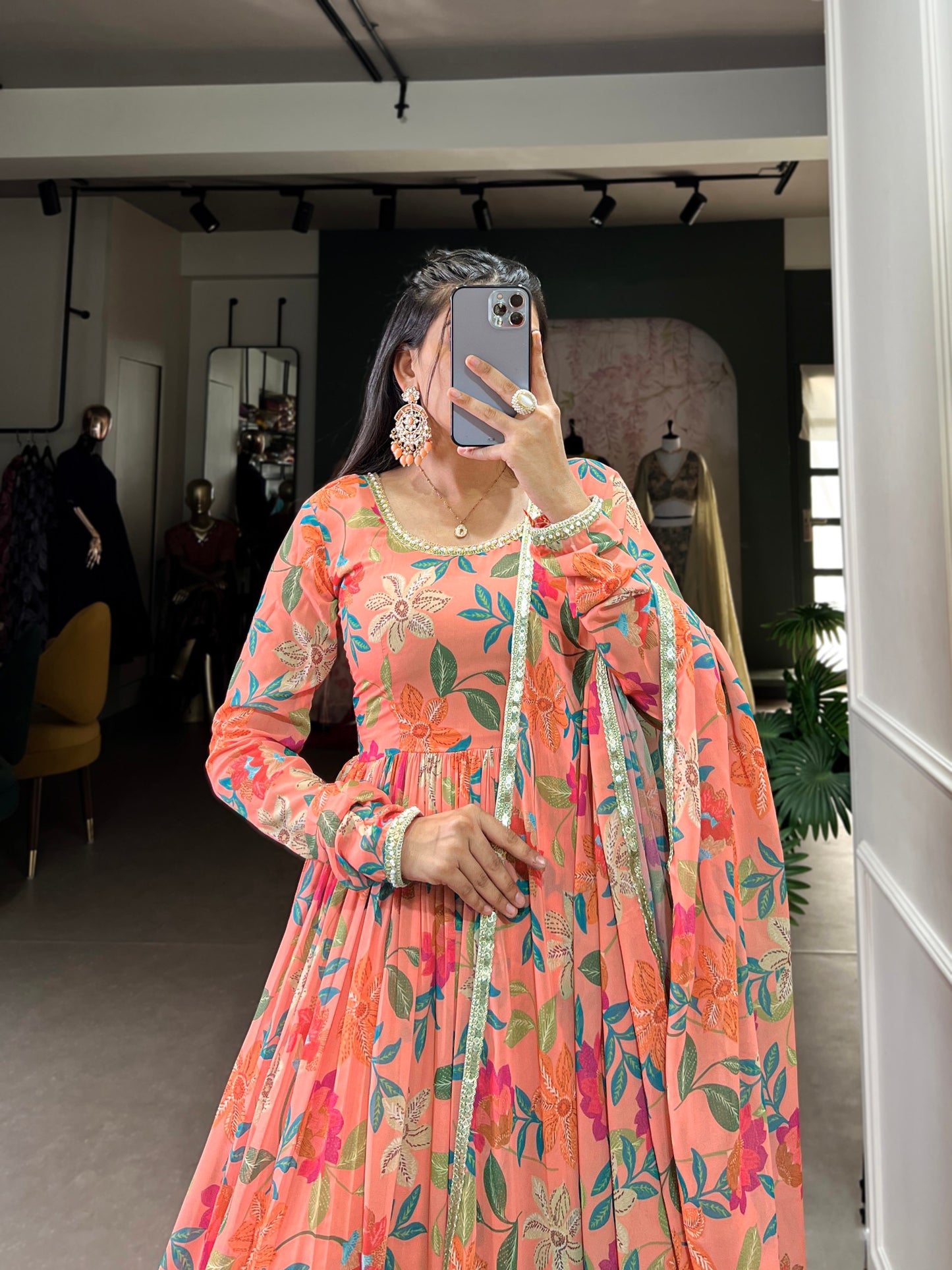 Peach Floral Print Georgette Gown Set | Elegant Festive & Party Wear
