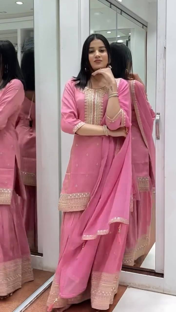 Elegant Pink Chinon Silk Sharara Set | Festive & Wedding Wear