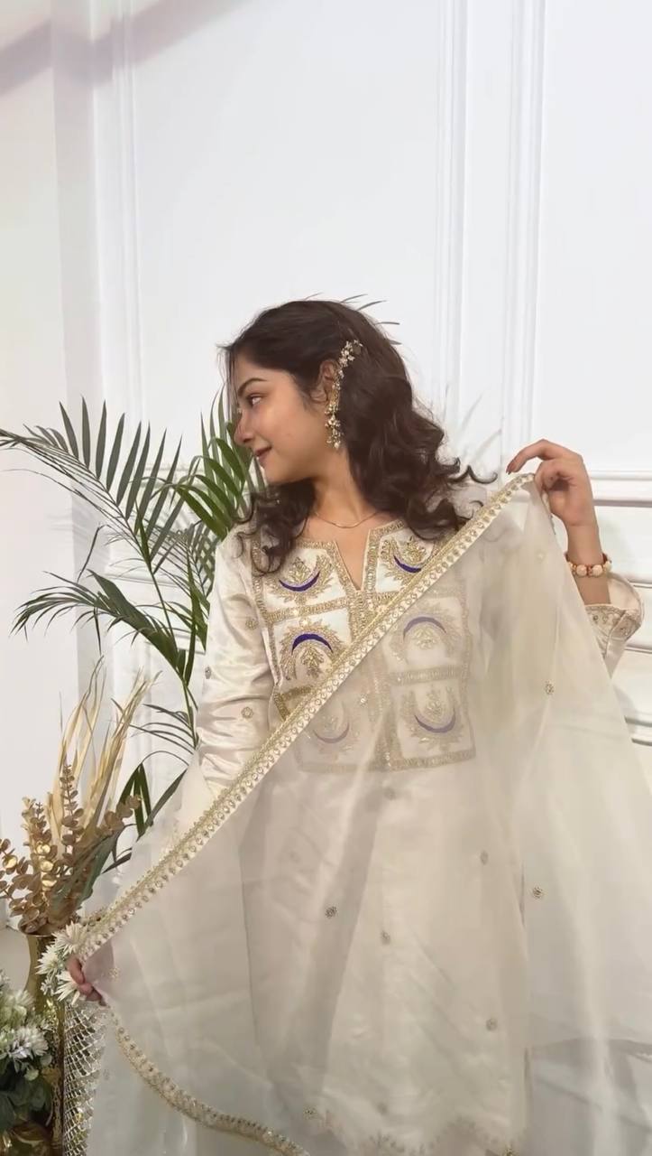 Graceful Off-White Vichitra Silk Suit Set | Festive & Wedding Wear