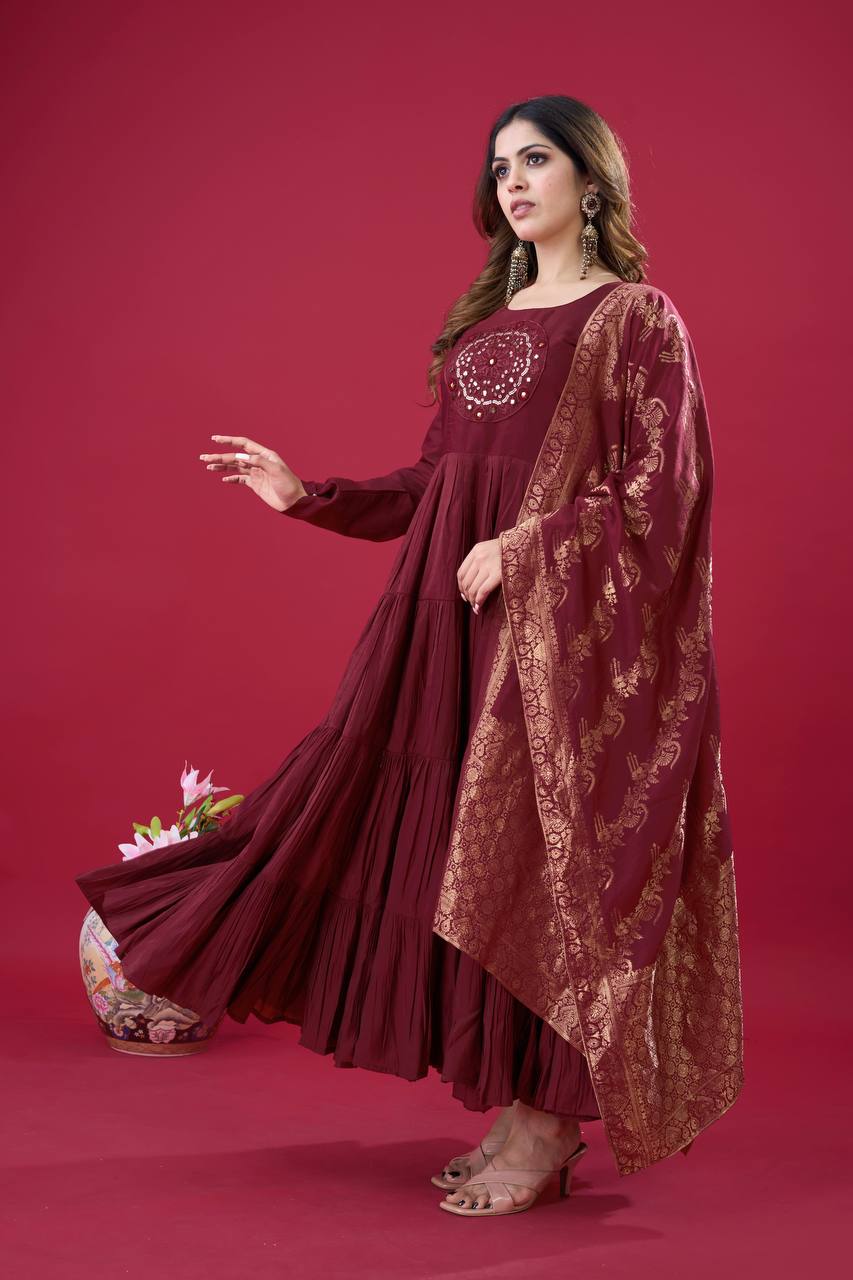 Elegant Maroon Roman Silk Gown Set | Festive & Wedding Wear