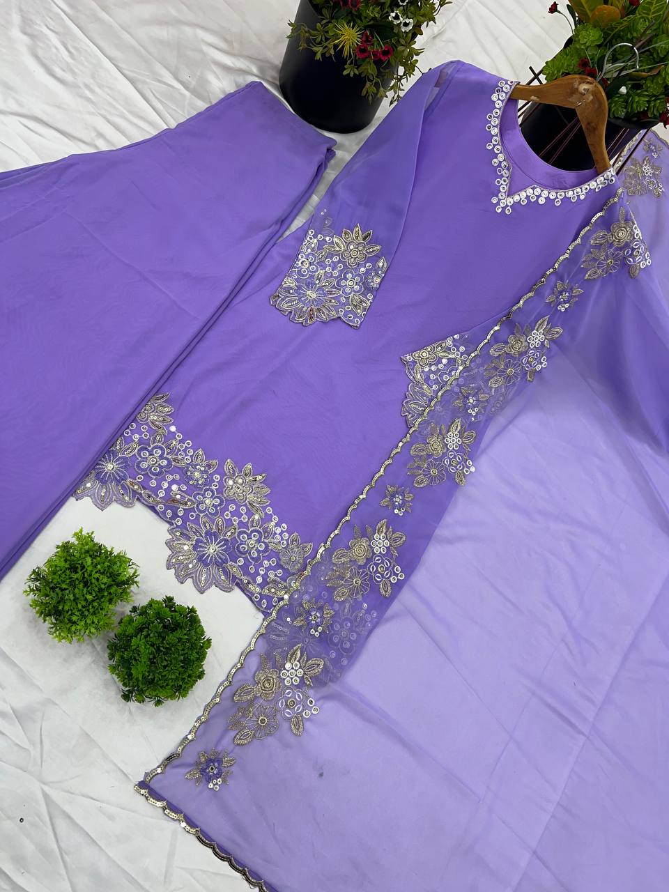 Embroidered Faux Georgette Purple Co-Ord Set with Plazzo and Dupatta – Ready-to-Wear Indian Ethnic Outfit for Women