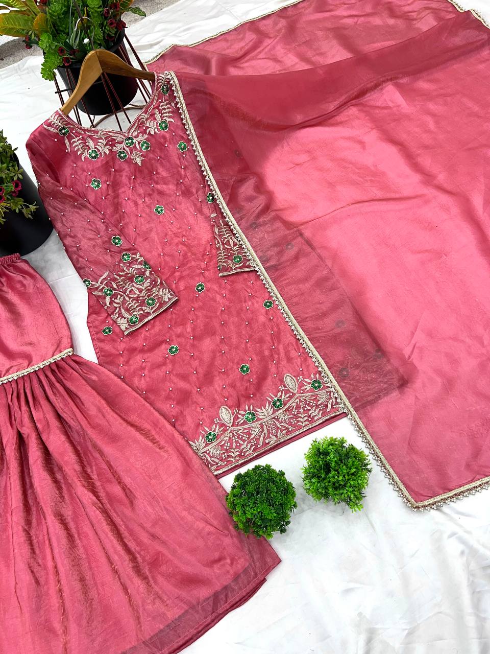 Gold Crush Embroidered Co-Ord Set with Plazzo and Dupatta – Ready-to-Wear Ethnic Outfit for Women