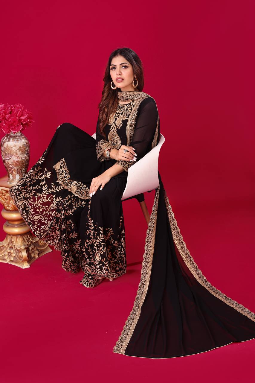 Blooming Faux Georgette Embroidered Black Co-Ord Set with Plazzo and Dupatta – Ready-to-Wear Ethnic Outfit for Women