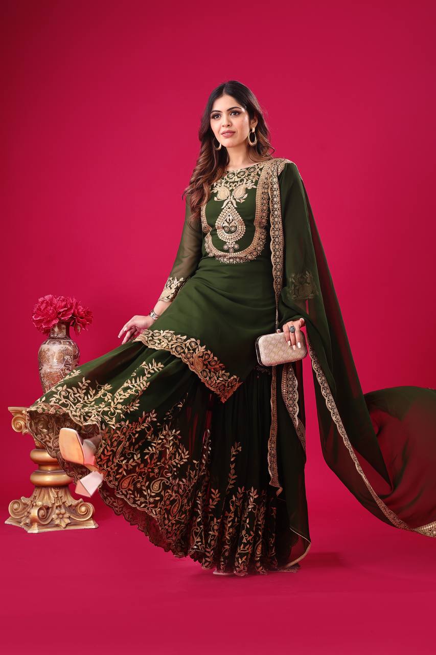Blooming Faux Georgette Embroidered Green Co-Ord Set with Plazzo and Dupatta – Ready-to-Wear Ethnic Outfit for Women