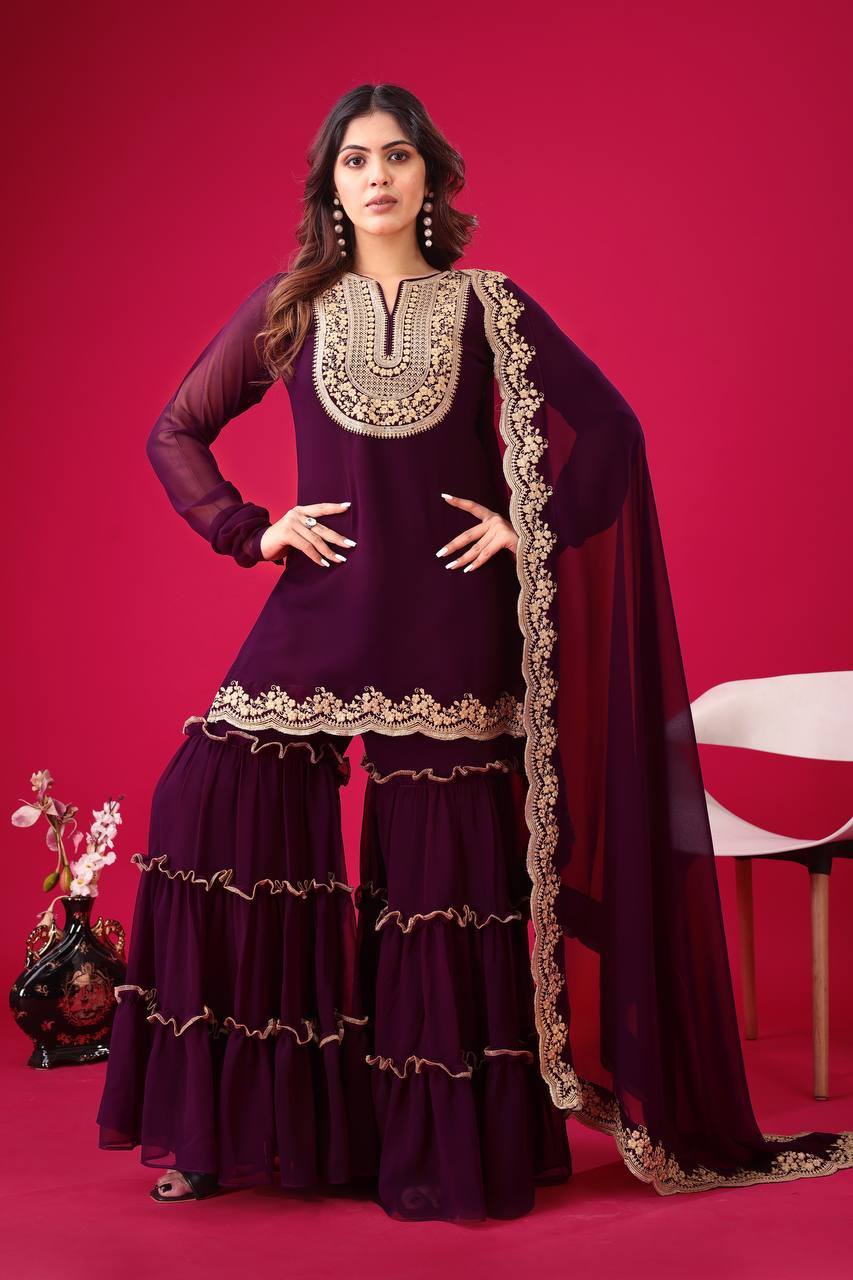 Blooming Faux Georgette Embroidered Co-Ord Set with Plazzo and Dupatta – Ready-to-Wear Indian Outfit for Women