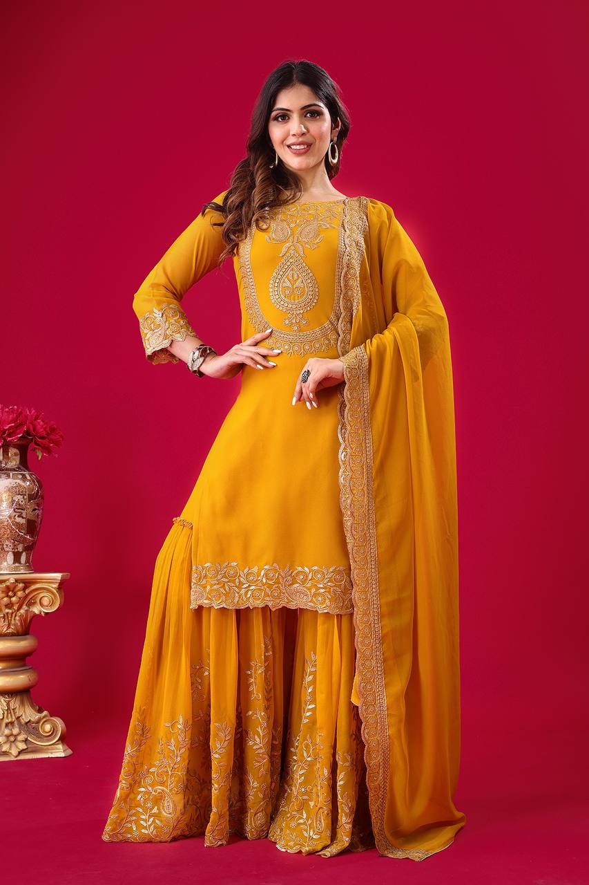 Blooming Faux Georgette Embroidered Yellow Co-Ord Set with Plazzo and Dupatta – Ready-to-Wear Ethnic Outfit for Women
