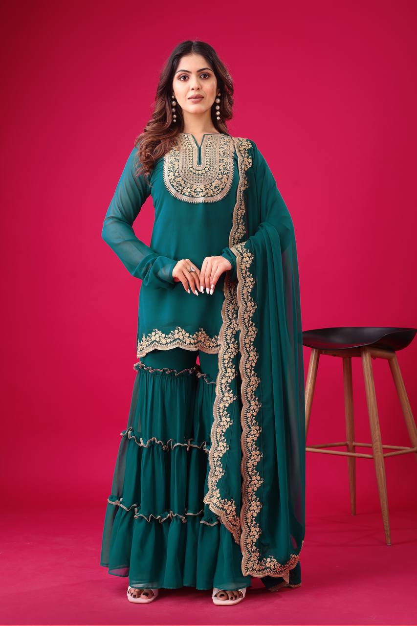 Blooming Faux Georgette Embroidered Co-Ord Set with Plazzo and Dupatta – Fully Stitched Ethnic Outfit for Women