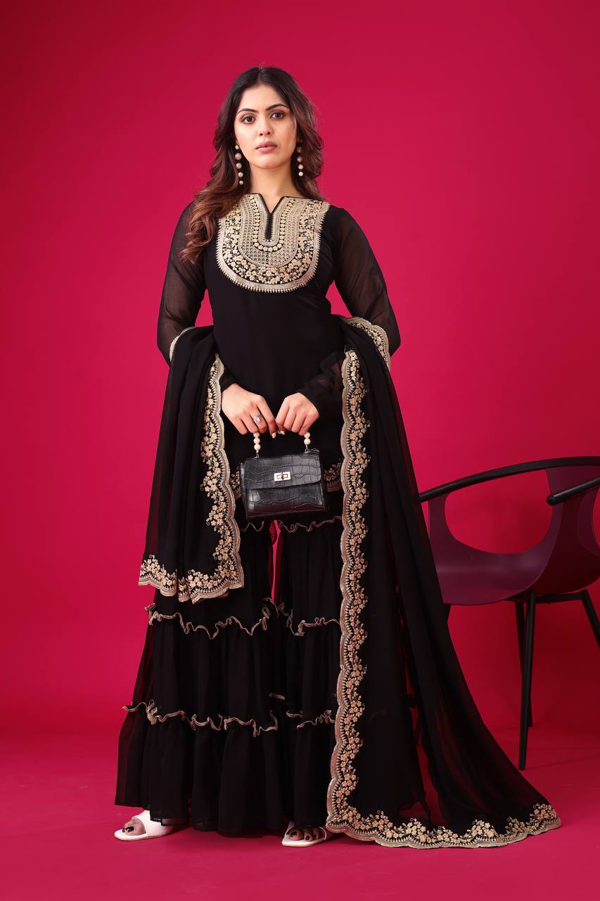 Blooming Faux Georgette Embroidered Co-Ord Set with Plazzo and Dupatta – Fully Stitched Ethnic Outfit for Women