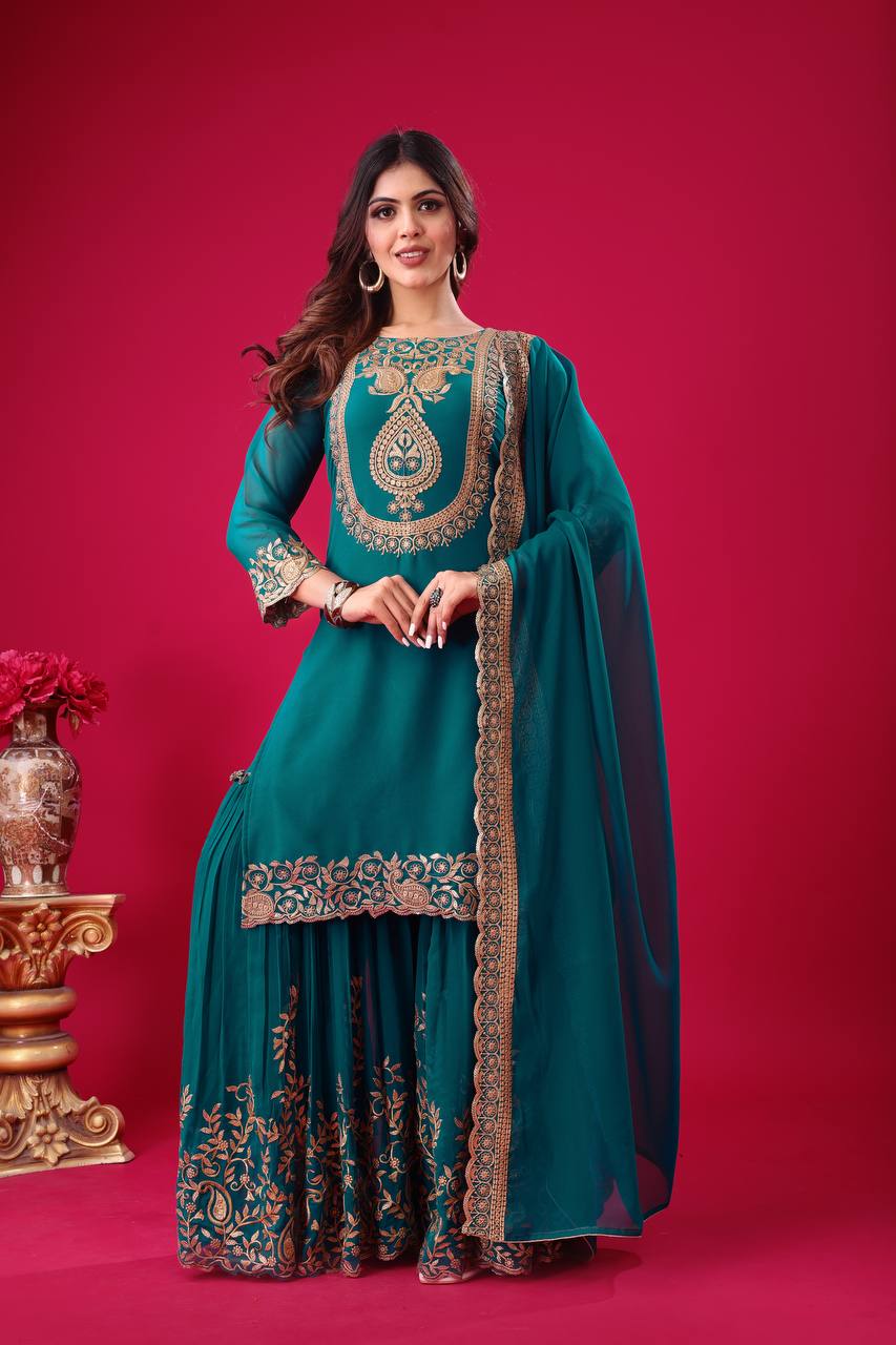 Blooming Faux Georgette Embroidered Bottle Green Co-Ord Set with Plazzo and Dupatta – Ready-to-Wear Ethnic Outfit for Women