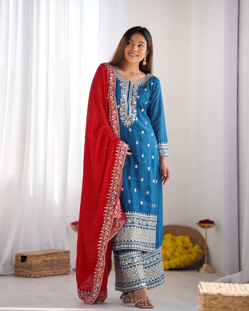 Chinnon Silk Heavy Embroidered Blue Suit Set with Dupatta – Fully Stitched Ready to Wear